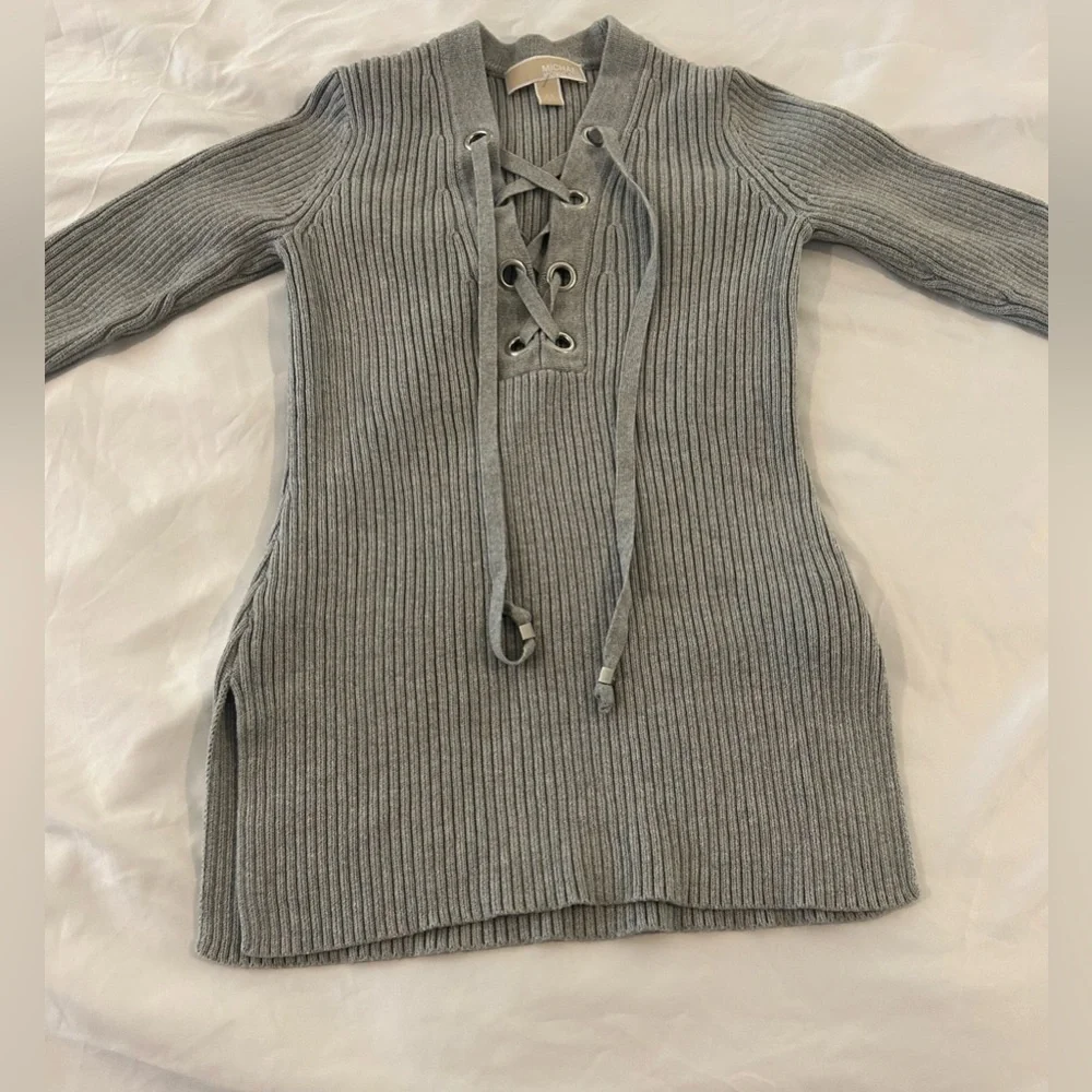 Michael Kors Lace Up Ribbed Sweater Tunic Gray Long Sleeve Womens XS